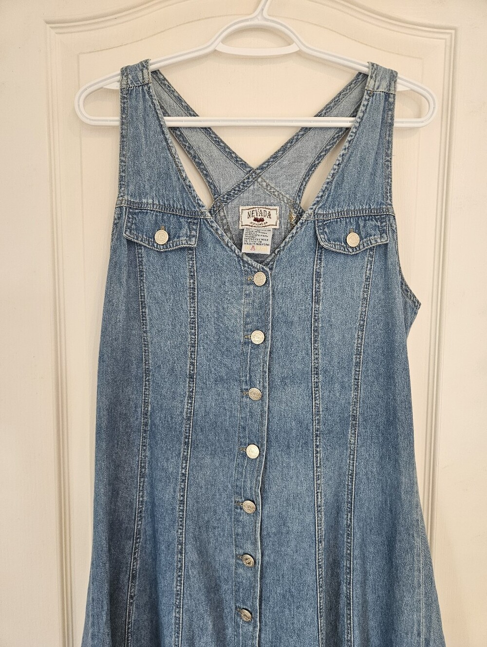 Vintage Nevada Denim Maxi Dress Button Front Prairie 90s Cottagecore - Picture 3 of 10